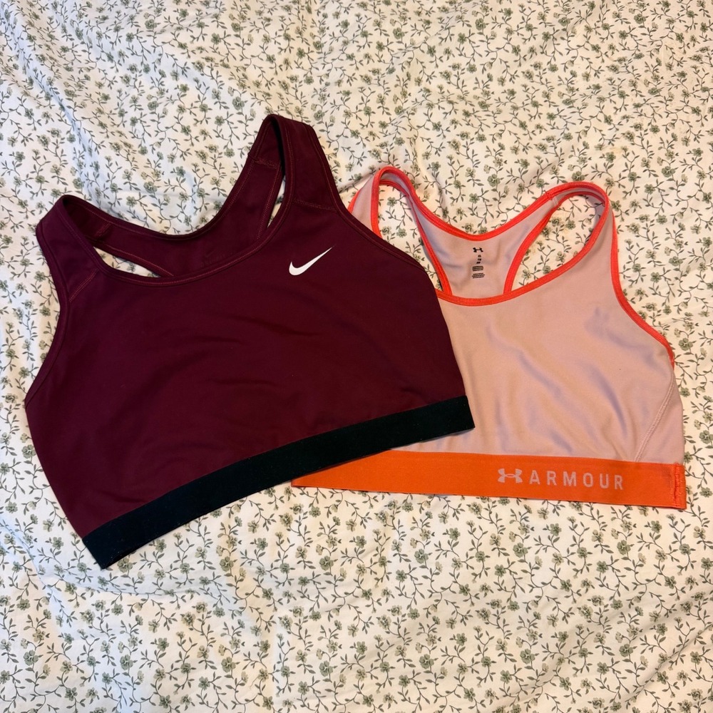 Nike & Under Armour Women Sports Bra Bundle XL Burgundy Pink Activewear 2 Pack
